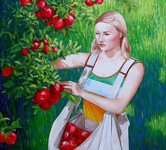 New Zealand painting of an Apple Picker