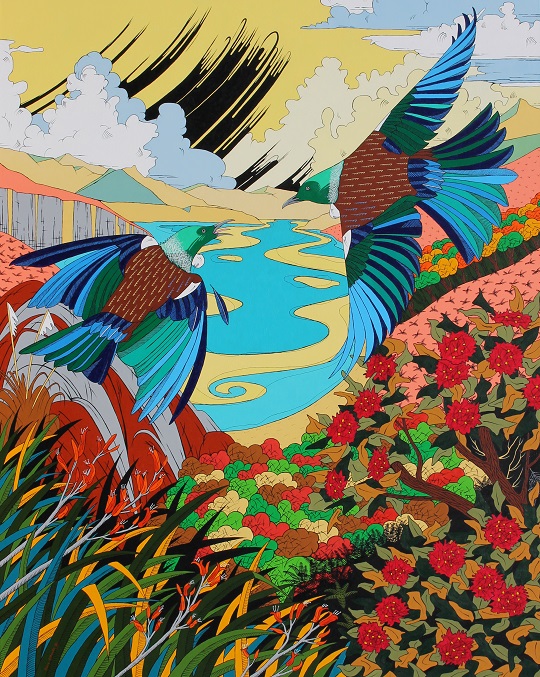 New Zealand tui birds fighting painting