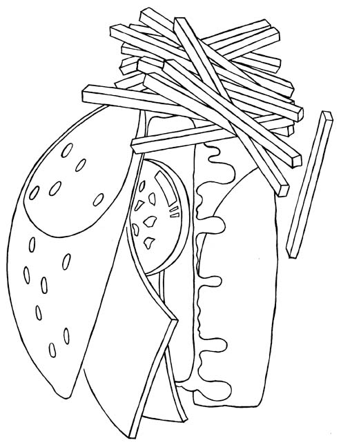 hamburger with chips drawing for coloring