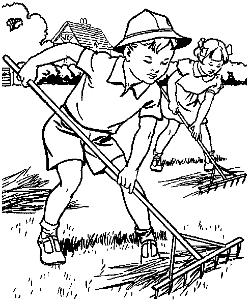 Raking the lawn of leaves drawing